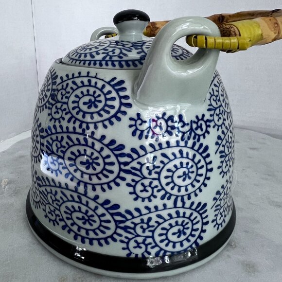 Iga Ware Handcrafted Ceramic Teapot Bamboo Handle Blue White Swirl Design Vtg - Picture 6 of 12
